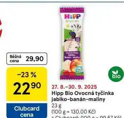 Tesco Hipp Bio Ovocná tyčinka jablko-banán-maliny, 23 g nabídka