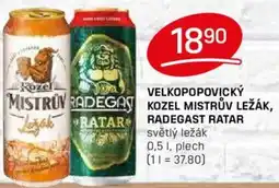 Flop Velkopopovický kozel mistrův ležák, radegast ratar nabídka