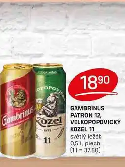 Flop GAMBRINUS PATRON 12, VELKOPOPOVICKÝ KOZEL 11 11 světlý ležák 0,5l, plech nabídka