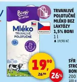 Penny Market TRVANLIVÉ POLOTUČNÉ MLÉKO BEZ LAKTÓZY 1,5% BONI, 1 l nabídka