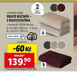 Lidl LIVARNO HOME FROTÉ RUČNÍK - 2 KUSY/OSUŠKA nabídka