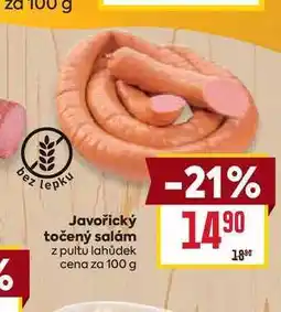 Billa Javořický točený salám z pultu lahůdek cena za 100 g nabídka