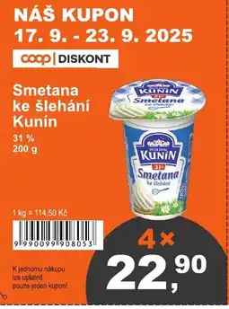 COOP DISKONT Smetana ke šlehání Kunín nabídka