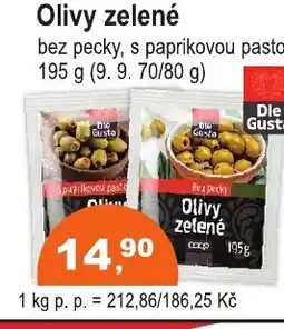 COOP DISKONT Olivy zelené bez pecky, s paprikovou pastou nabídka