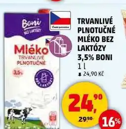 Penny Market TRVANLIVÉ PLNOTUČNÉ MLÉKO BEZ LAKTÓZY 3,5% BONI, 1 l nabídka