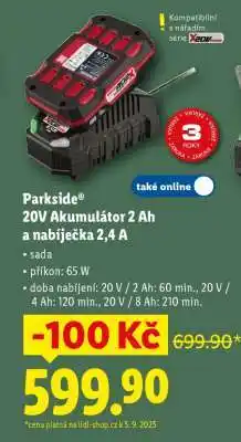 Lidl Parkside 20V Akumulátor 2 Ah a nabíječka 2,4 A nabídka