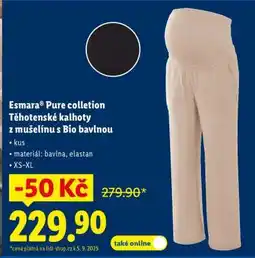 Lidl Esmara Pure colletions Těhotenské kalhoty z mušelínu s Bio bavlnou nabídka