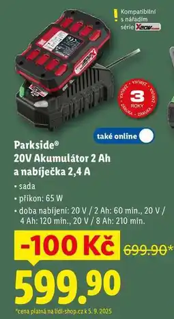 Lidl Parkside 20V Akumulátor 2 Ah a nabíječka 2,4 A nabídka