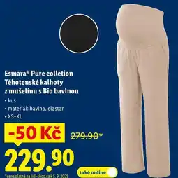 Lidl Esmara Pure colletion Těhotenské kalhoty z mušelínu s Bio bavlnou nabídka
