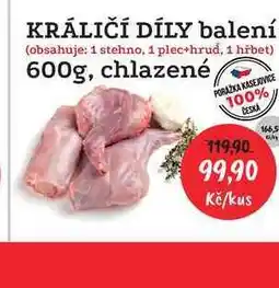 RABBIT řeznictví KRÁLIČÍ DÍLY balení (obsahuje: 1 stehno, 1 plec+hrud, 1 hřbet) 600g, chlazené nabídka
