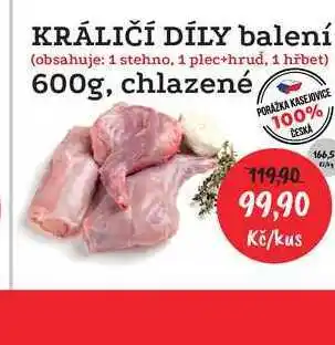 RABBIT řeznictví KRÁLIČÍ DÍLY balení (obsahuje: 1 stehno, 1 plec+hrud, 1 hřbet) 600g, chlazené nabídka