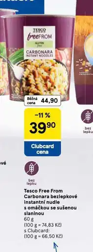 Tesco Free form carbonara bezlepkové instantní nudle s omáčkou se sušenou slaninou nabídka