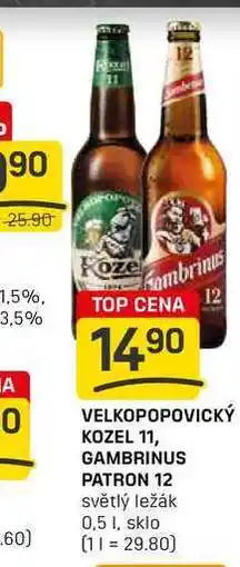Flop VELKOPOPOVICKÝ KOZEL 11, GAMBRINUS PATRON 12 světlý ležák 0,5l nabídka
