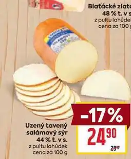 Billa Uzený tavený salámový sýr 44% t. vs. z pultu lahůdek cena za 100 g nabídka