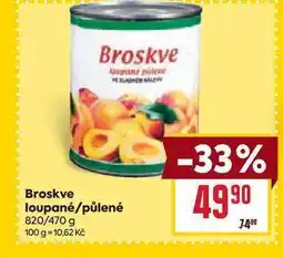Billa Broskve loupané/půlené 820/470 g nabídka