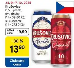 Tesco Krušovice, 0.5 l, plech, dva druhy nabídka
