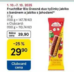 Tesco FruchtBar Bio Ovesné duo tyčinky jablko s banánem a jablko s jahodami, 27 g nabídka