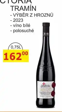 BENE Nápoje TEMPLÁŘSKÉ SKLEPY 0,75L TRAMÍN - VÝBĚR Z HROZNŮ - 2023 polosuché nabídka