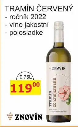 BENE Nápoje ZNOVÍN ZNOJMO TRAMÍN ČERVENÝ - ročník 2022 polosladké 0,75L nabídka