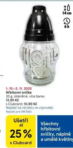 Tesco Hřbitovní svíčka, 30 g, skleněná, více barev nabídka