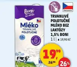 Penny Market TRVANLIVÉ POLOTUČNÉ MLÉKO BEZ LAKTÓZY 1,5% BONI, 1 l nabídka
