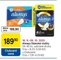 Tesco Always Dámské vložky nabídka