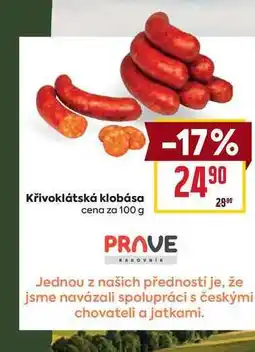 Billa Křivoklátská klobása cena za 100 g nabídka