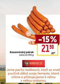Billa Kozomínský párek cena za 100 g nabídka