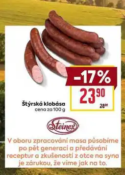 Billa Štýrská klobása cena za 100 g nabídka