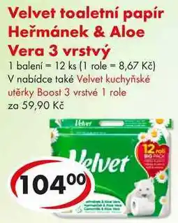 CBA Velvet toaletní papír Heřmánek & Aloe Vera 3 vrstvý, 12 ks nabídka