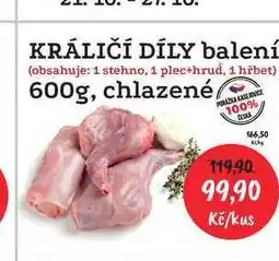 RABBIT řeznictví KRÁLIČÍ DÍLY balení (obsahuje: 1 stehno, 1 plec+hrud, 1 hřbet) 600g, chlazené nabídka