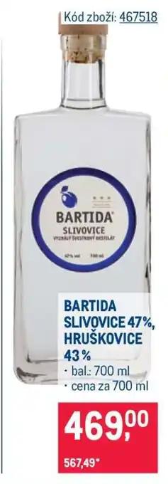 Makro BARTIDA SLIVOVICE 47 %, HRUŠKOVICE 43 % nabídka