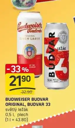 Flop BUDWEISER BUDVAR ORIGINAL, BUDVAR 33 světlý ležák 0,5l, plech nabídka