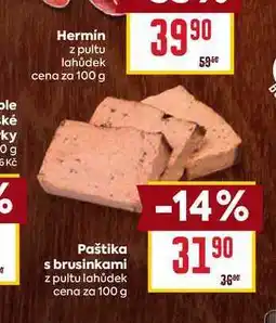 Billa Paštika s brusinkami z pultu lahůdek cena za 100 g nabídka