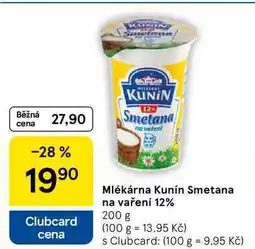 Tesco Mlékárna Kunín Smetana na vaření 12%, 200 g nabídka