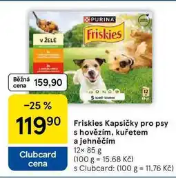 Tesco Friskies Kapsičky pro psy s hovězím, kuřetem a jehněčím, 12× 85 g nabídka