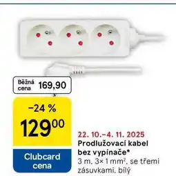 Tesco Prodlužovací kabel bez vypínače, 3 m. 3× 1 mm². se třemi zásuvkami, bílý nabídka