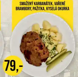 Jip Smažený karbanátek, vařené brambory, pažitka, kyselá okurka nabídka