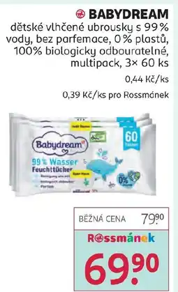 Rossmann BABYDREAM dětské vlhčené ubrousky s 99% vody, bez parfemace, 0% plastů, 100% biologicky odbouratelné, multipack nabídka