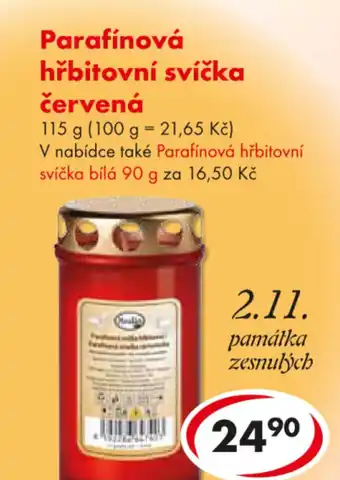 Parafínová hřbitovní svíčka červená