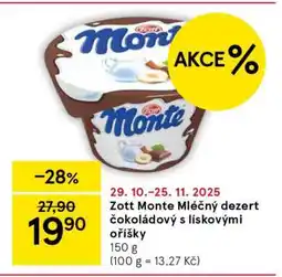 Tesco Zott Monte Mléčný dezert čokoládový s lískovými oříšky nabídka