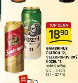 Flop GAMBRINUS PATRON 12, VELKOPOPOVICKÝ KOZEL 11 světlý ležák 0,5l, plech nabídka