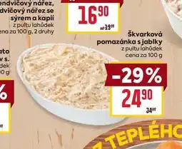 Billa Škvarková pomazánka s jablky z pultu lahůdek cena za 100 g nabídka