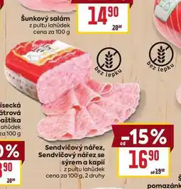 Billa Sendvičový nářez, Sendvičový nářez se sýrem a kapií z pultu lahůdek cena za 100 g nabídka