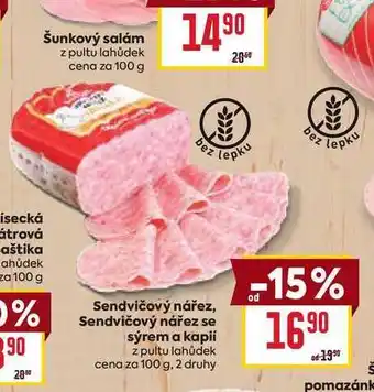 Billa Sendvičový nářez, Sendvičový nářez se sýrem a kapií z pultu lahůdek cena za 100 g nabídka