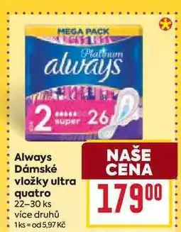 Billa Always Dámské vložky ultra quatro 22-30 ks nabídka