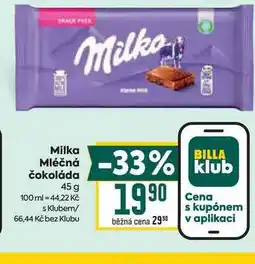 Billa Milka Mléčná čokoláda 45 g nabídka