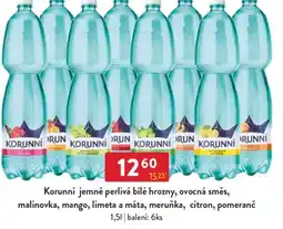 Qanto Korunní jemně perlivá bílé hrozny, ovocná směs, malinovka, mango, limeta a máta, meruňka, citron, pomeranč nabídka