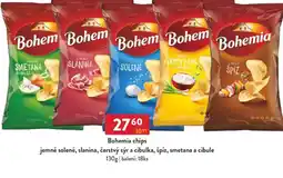 Qanto Bohemia chips jemně solené, slanina, čerstvý sýr a cibulka, špíz, smetana a cibule nabídka