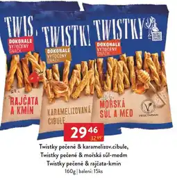 Qanto Twistky pečené & karamelizov.cibule, Twistky pečené & mořská sůl-medm Twistky pečené & rajčata-kmín nabídka